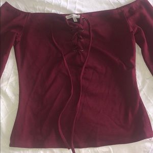 Off the shoulder burgundy shirt